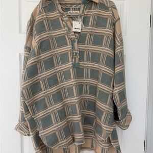 Free People Plaid Button-Up Shirt in Green and Tan - Never Worn
